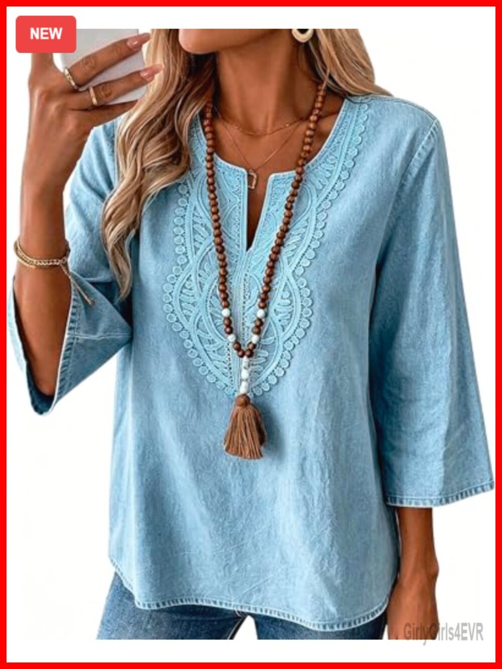 Womens V Neck Lace 3/4 Sleeve Loose Fit Denim Blouse Top